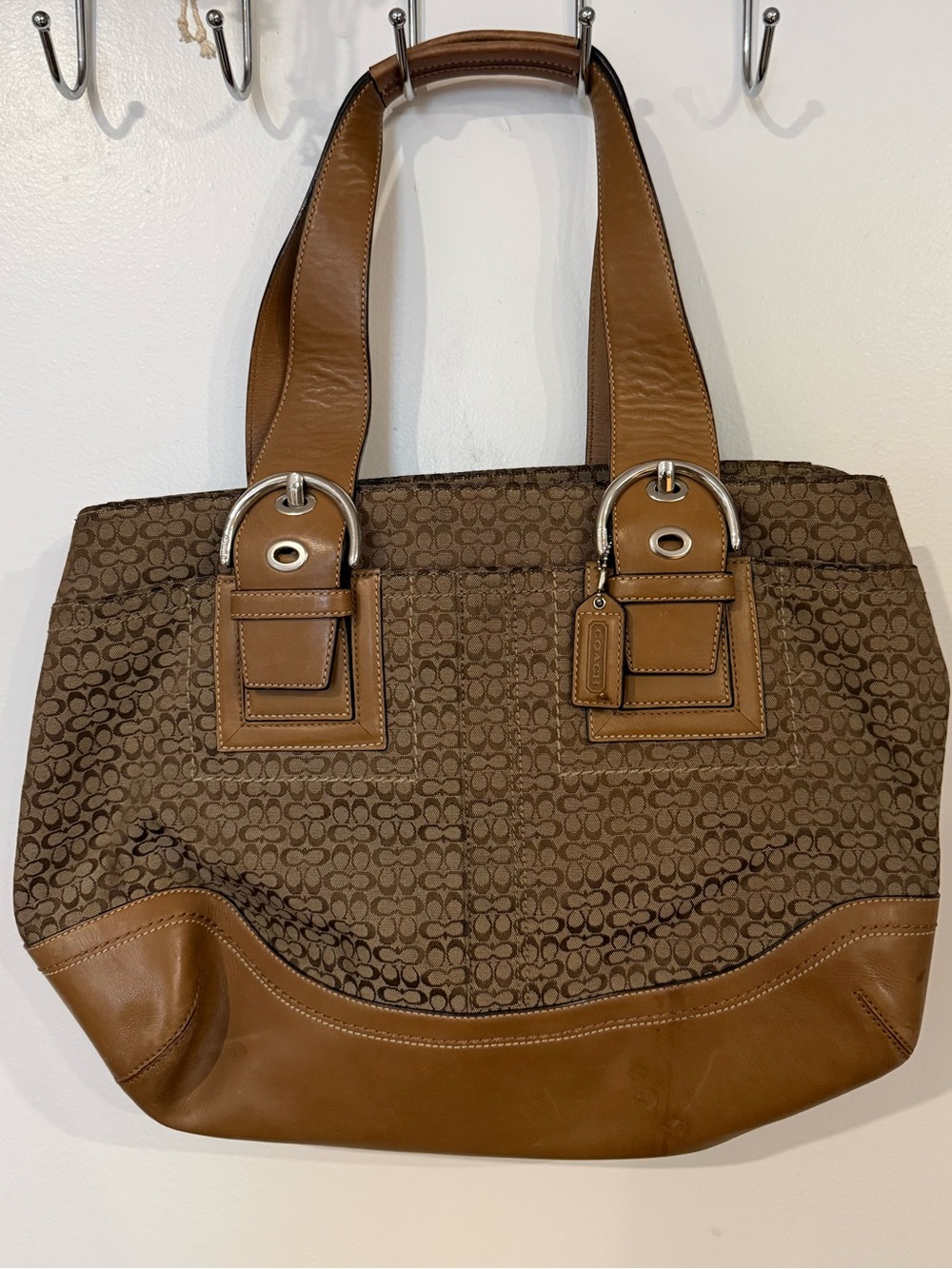 Coach Brown Signature Canvas Tote with Tan Leather Accents